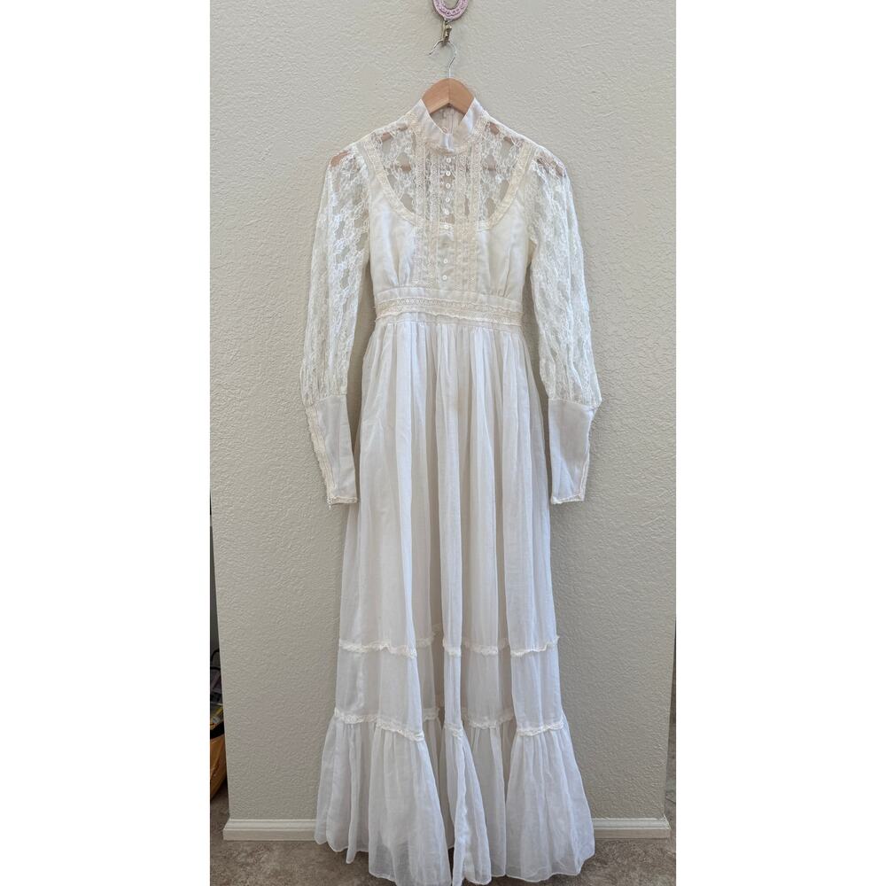 1970s Gunne Sax Victorian Lace Wedding Dress | White Prairie Maxi Dress - Picture 6 of 12